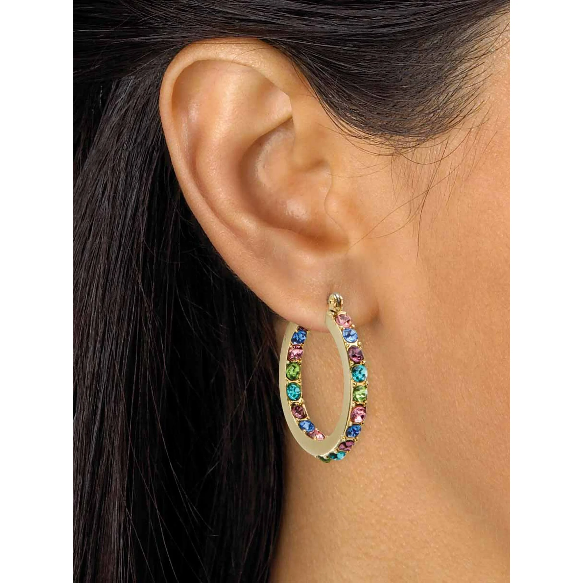 PalmBeach Jewelry Round Multicolor Crystal Inside-Out Hoop Earrings in Yellow Goldtone - Image 4