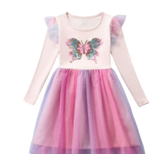 Odeerbi Toddler Girls Butterfly Print Sparkly Tulle Dress Kids Fashion Cute Solid Color Mesh Long Sleeve Dress Toddler Girls Clothes