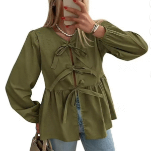 PRETTYGARDEN Women's Spring Fall Babydoll Peplum Blouse Shirt Puff Long Sleeve Bow Tie Front Trendy Cute Y2K Going Out Tops