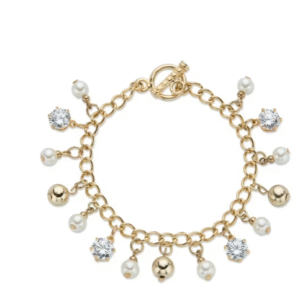 PalmBeach Jewelry Round Crystal and Genuine Cultured Freshwater Pearl Beaded Charm Toggle Closure Bracelet in Goldtone 7.5"