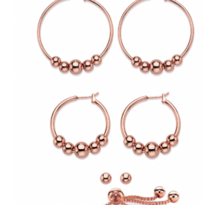 PalmBeach Jewelry 4-Piece Set of Beaded Hoop Earrings, Ball Studs and Slider Bracelet in Rose Silvertone or Goldtone 10"
