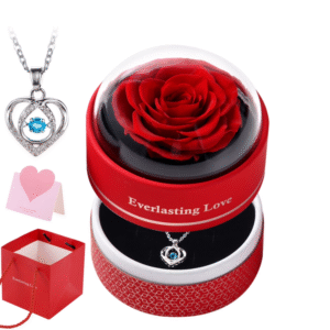 TJT Preserved Rose Flower with Heart Necklace in Box, Eternal Real Rose for Her Women Wife Grandma Anniversary Birthday Romantic Love Gifts, Red Round