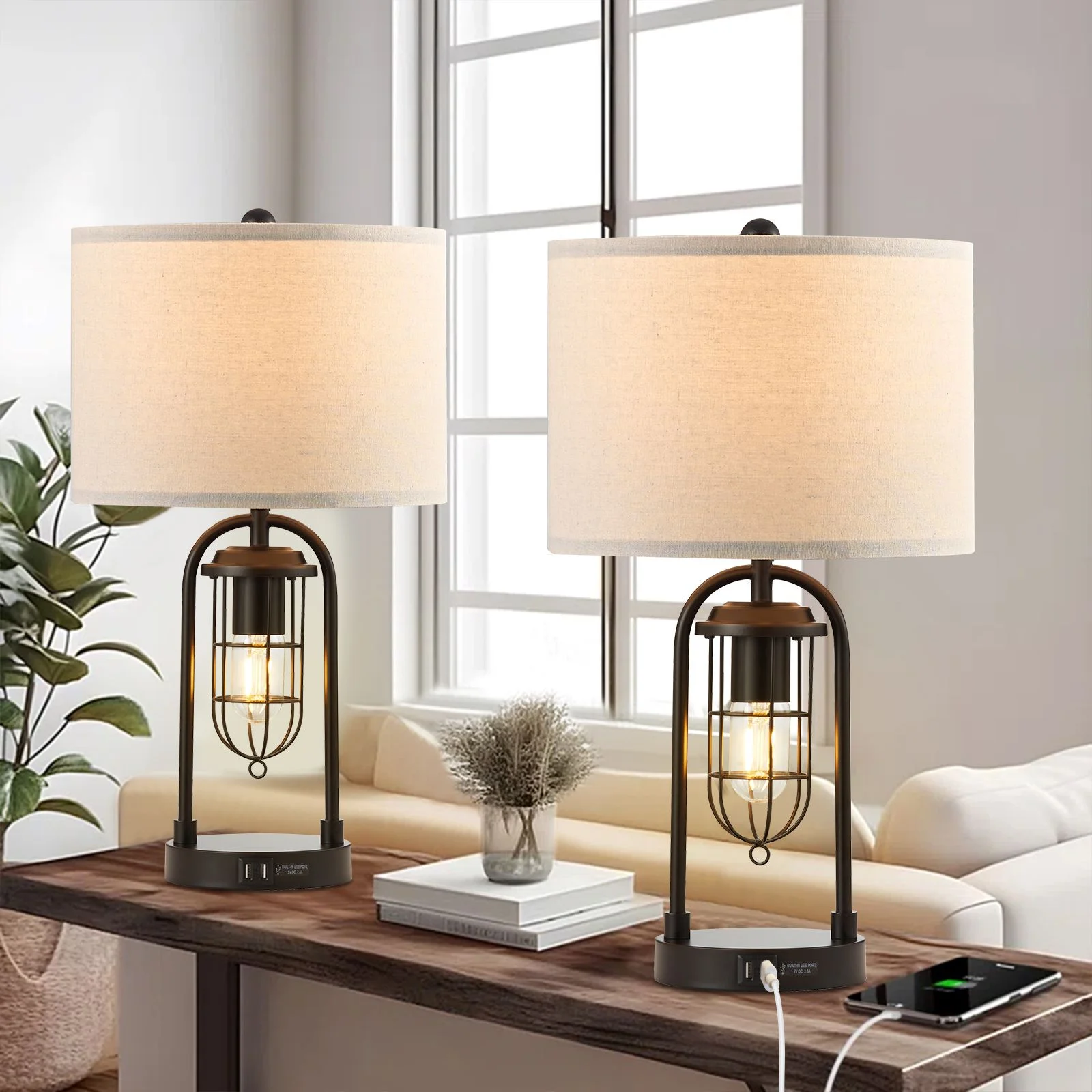 KYRID 21’’ Table Lamps Set of 2 with USB Port and Night Light, Modern Farmhouse Side Table Lamp with White Drum Shade, Painted Bronze Finish (Bulbs Included) - Image 10