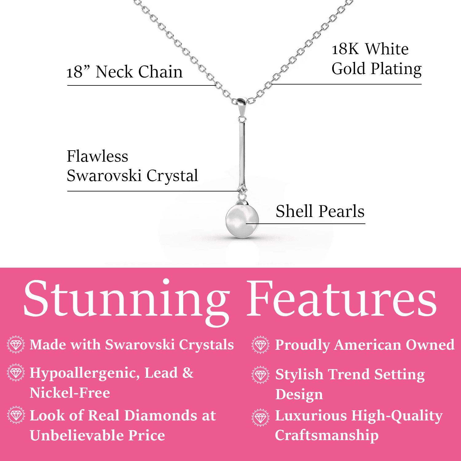 Cate & Chloe Tatum 18k White Gold Plated Pearl Pendant Necklace with Swarovski Crystal for Women - Image 7