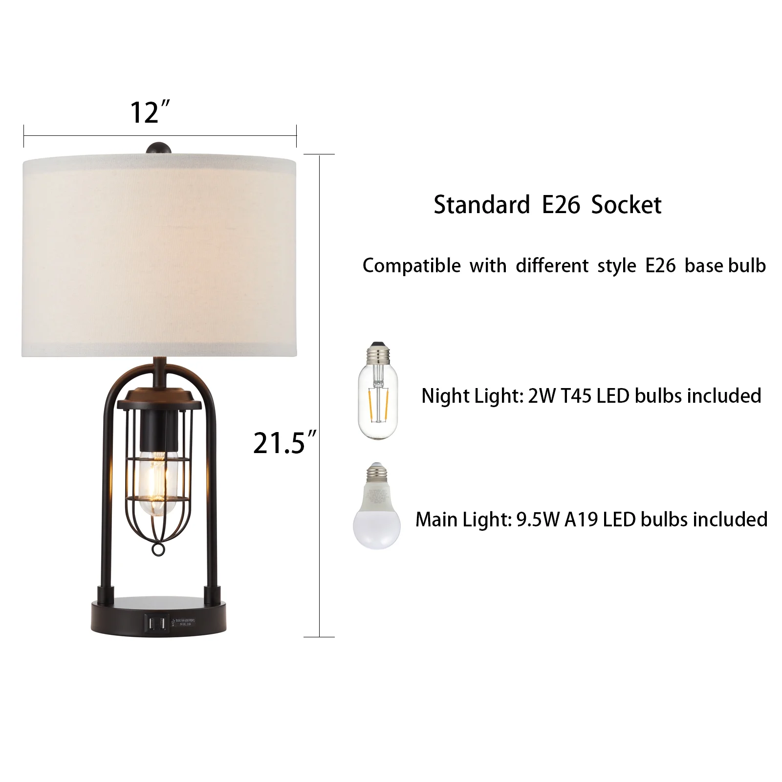 KYRID 21’’ Table Lamps Set of 2 with USB Port and Night Light, Modern Farmhouse Side Table Lamp with White Drum Shade, Painted Bronze Finish (Bulbs Included) - Image 11