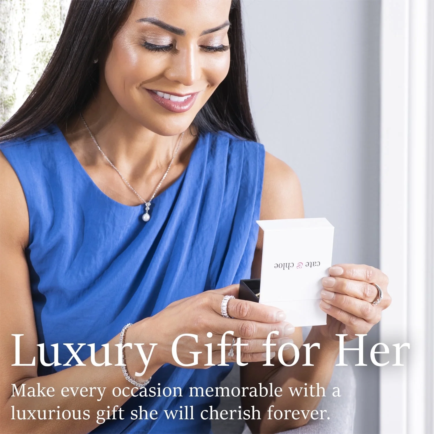 Cate & Chloe Tatum 18k White Gold Plated Pearl Pendant Necklace with Swarovski Crystal for Women - Image 5